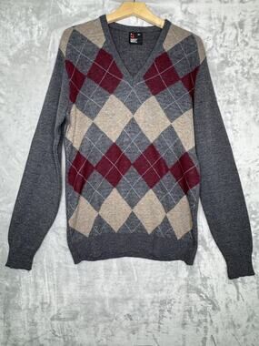 Vintage Robert Bruce Sweater Mens MT Gray Argyle V Neck Made In USA Collegiate